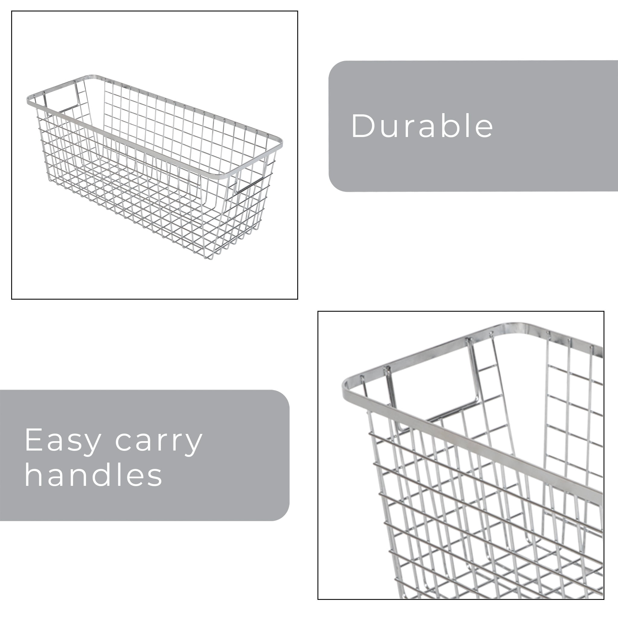 Smart Design Nestable Basket Organizer with Handles - 6 x 16 x 6 inches - Chrome - Set of 4