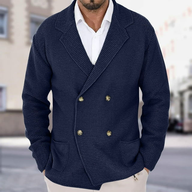 Mens Double Breasted Cardigan Sweater Soft Knit Notch Lapel Button Cardigans Fall Winter Dress Casual Sweater Jackets with Pockets Dark Blue L