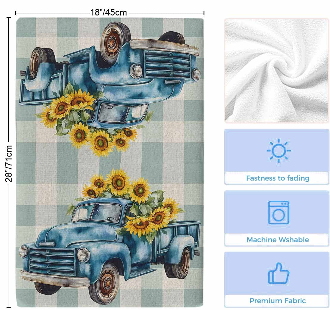 Blue Truck Yellow Sunflower Kitchen Towels Set of 2, Summer Teal Plaid Vintage Soft Microfiber Dish Towels, Absorbent Quick-Dry Washable Dishcloths for Kitchen Cleaning, Drying Dishes, 18x28 Inches