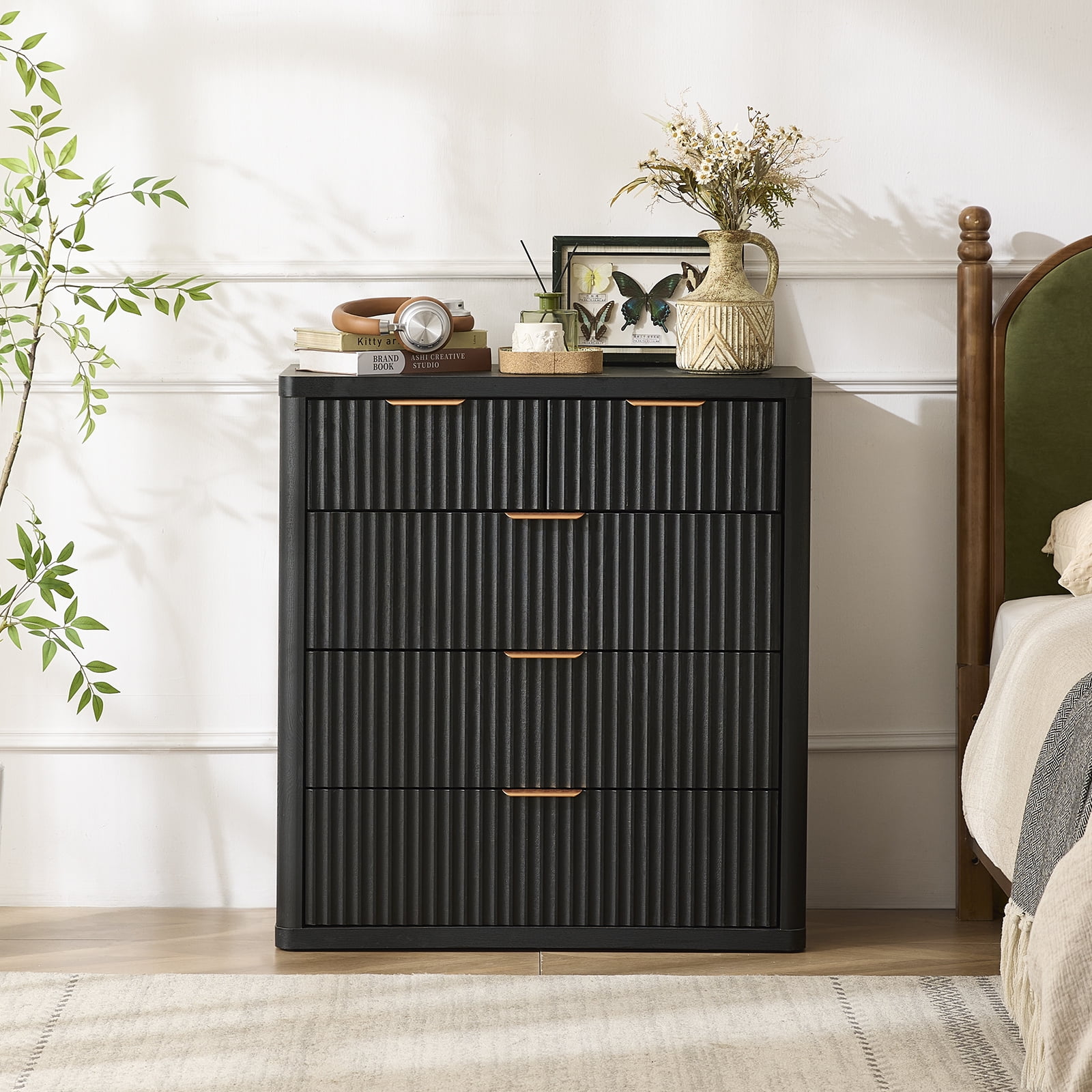 2 Pcs Wood Dresser, 5 Fluted Drawer Dresser for Bedroom, Modern Chest of Drawers with Deep Drawers for Living Room, Hallway, Entryway, Black
