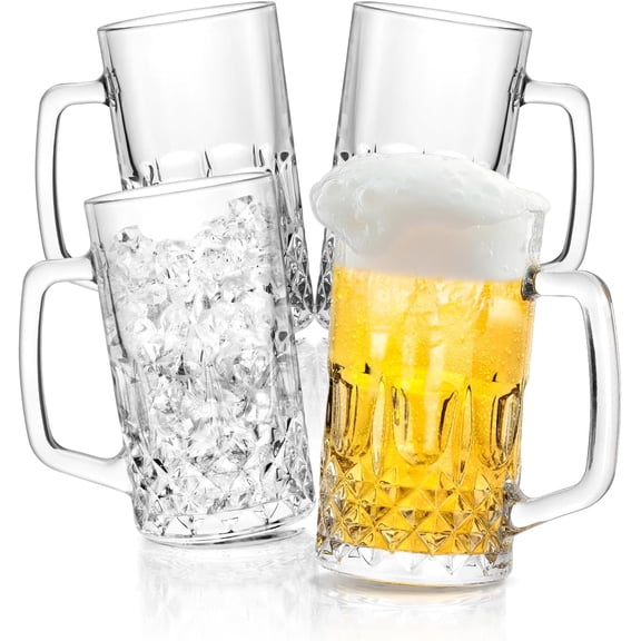 Beer Mug Set of 4, 22oz Large Heavy Glass Beer Mugs with Handle, Clear Freezer Beer Glasses for Tea, Coffee, Best Gifts for Dad Husband or Friend