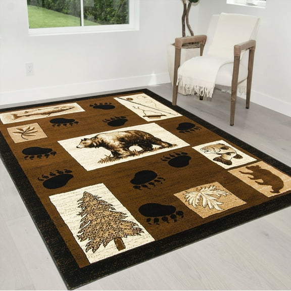 Handcraft Rugs Cabin Rug  Lodge, Cabin Nature and Animals Area Rug  Modern Geometric Design Cabin Area Rug  Abstract, Chocolate/BeigeBear/Footprint/Trees/Fishing Equipment 5x7 feet
