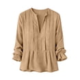 thumbnail image 4 of Endives Womens Cotton Linen Shirt Long Sleeve Shirt Button Down Shirts V Neck Pleated Casual Loose Blouses Roll Up Sleeve Shirt, 4 of 4
