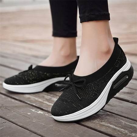 

HIBRO Women s Fashion Shoes Flat-Bottom Mesh Breathable Wedges Bowknot Casual Sneakers