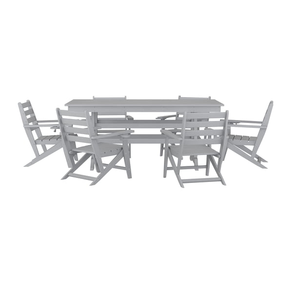 Emma   Oliver 7 PC Adirondack Dining Set with 72" Rectangle Indoor/Outdoor Recycled HDPE Table and 6 Chairs with Cupholders in Gray