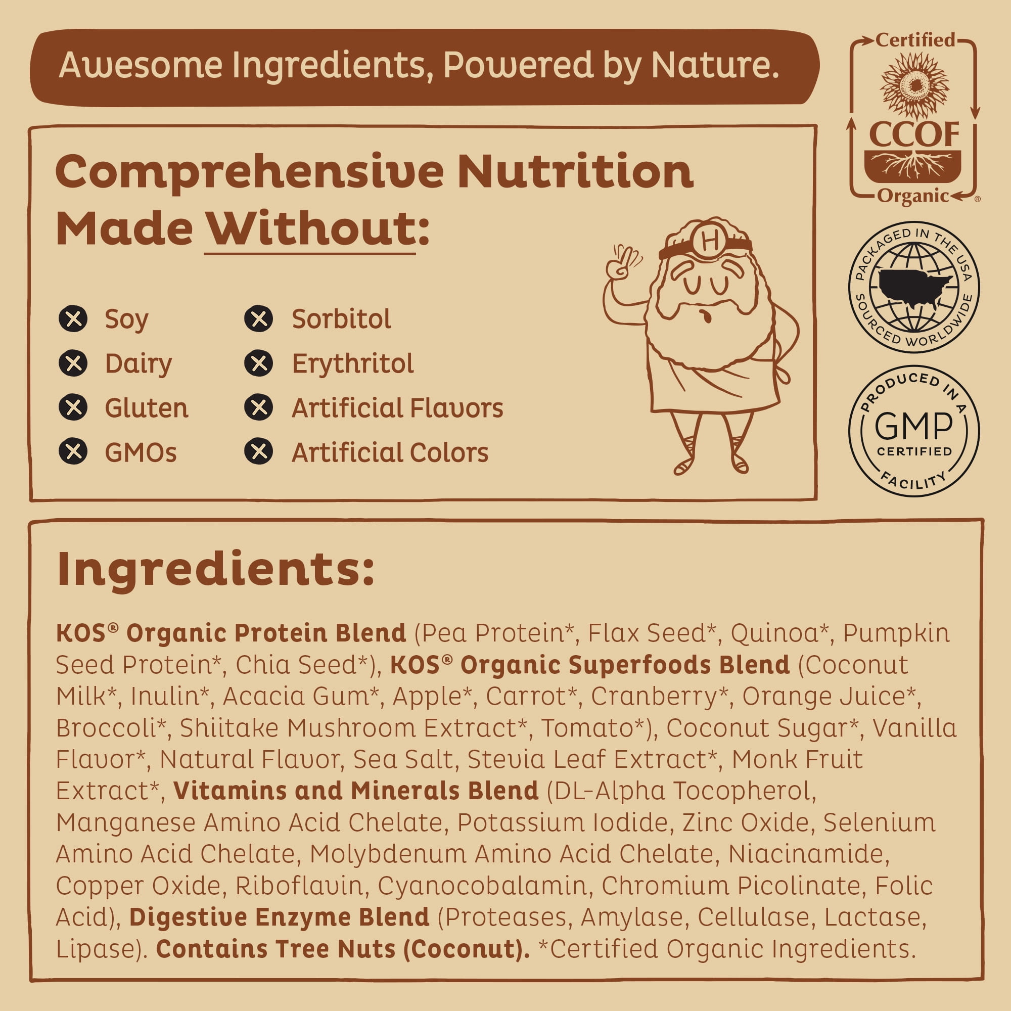 KOS Organic Plant Based Protein Powder, Vanilla, 20g Protein, 10 Servings, 13.05oz