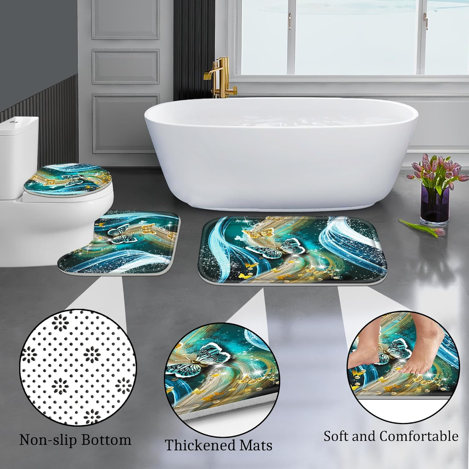 4 Pcs Bathroom Shower Curtain Set,Light Butterfly Bathroom Sets with Rugs(Bath Mat,U Shape and Toilet Lid Cover Mat) and 12 Durable Hooks 71x71in