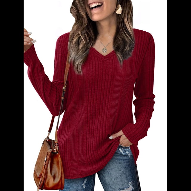 Blusas de Larga para Mujer, Camisetas con Cuello en V, Suéteres Tipo Túnica Ligeros, Moda Rojo M