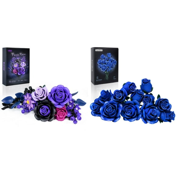 Purple and Blue Roses Bouquet Botanical Collection Building Set Compatible with Lego for Adults Women Artificial Flowers Gothic Decor for Valentines