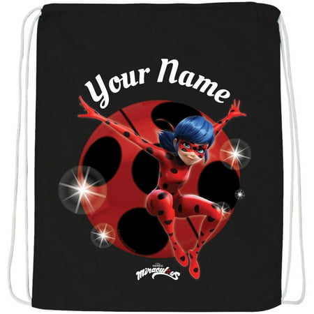 Personalized Drawstring Bag - Personalized Miraculous Ladybug Black Drawstring Bag