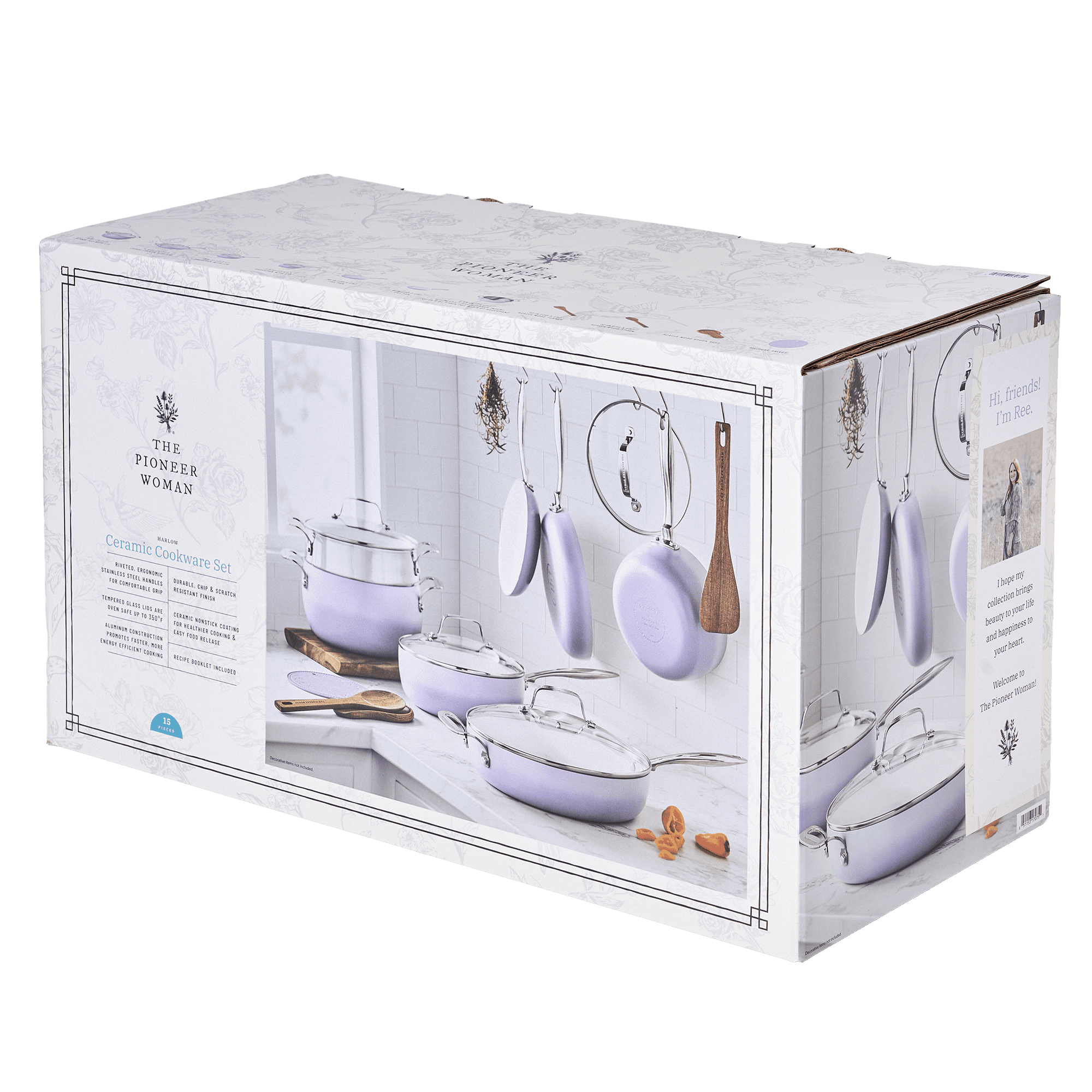 The Pioneer Woman Harlow 15-Piece Ceramic Non-Stick Aluminum Cookware Set, Iris