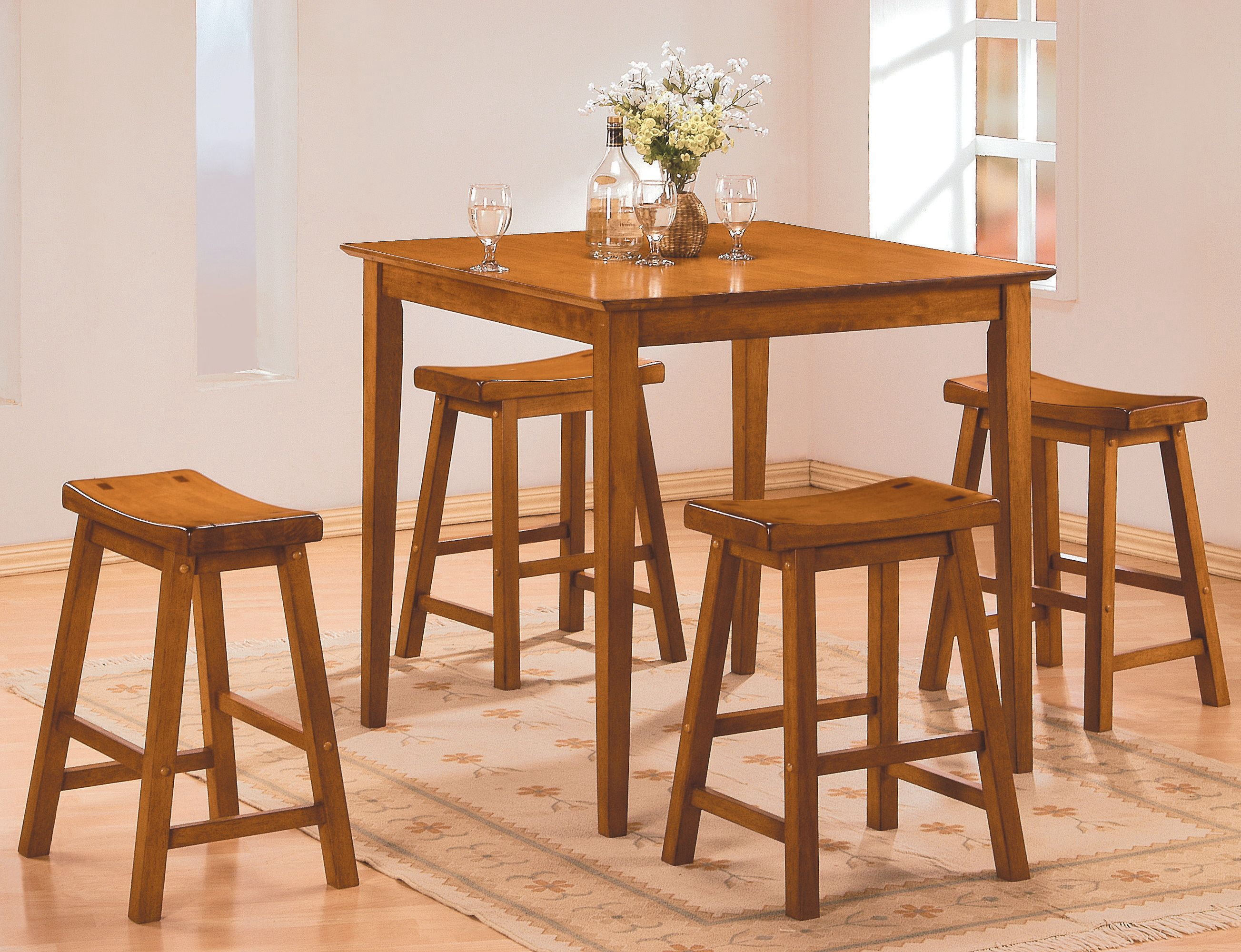 Wooden 5-Piece Counter Height Dining Set of Table & Stool, Oak Brown ...