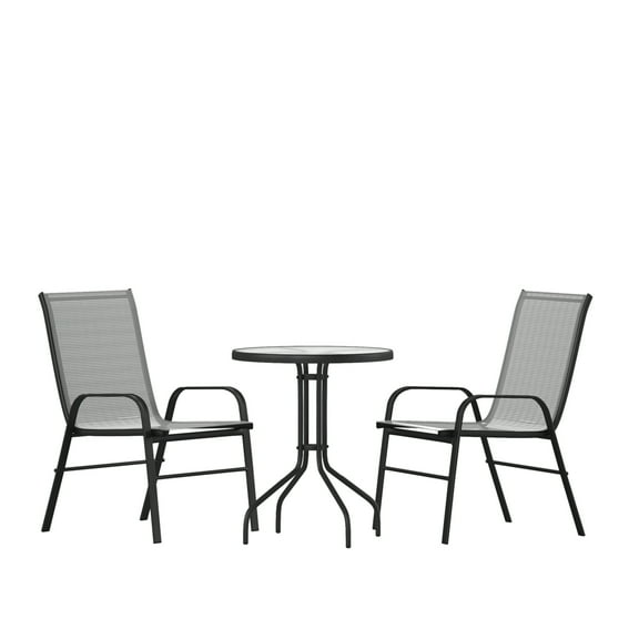 Flash Furniture Brazos Series 3-Piece Steel Glass Patio Table and Chair Set, Gray