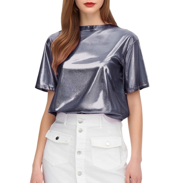 Top brillante de seda para mujer - Camiseta holgada con mangas cortas y purpurina
