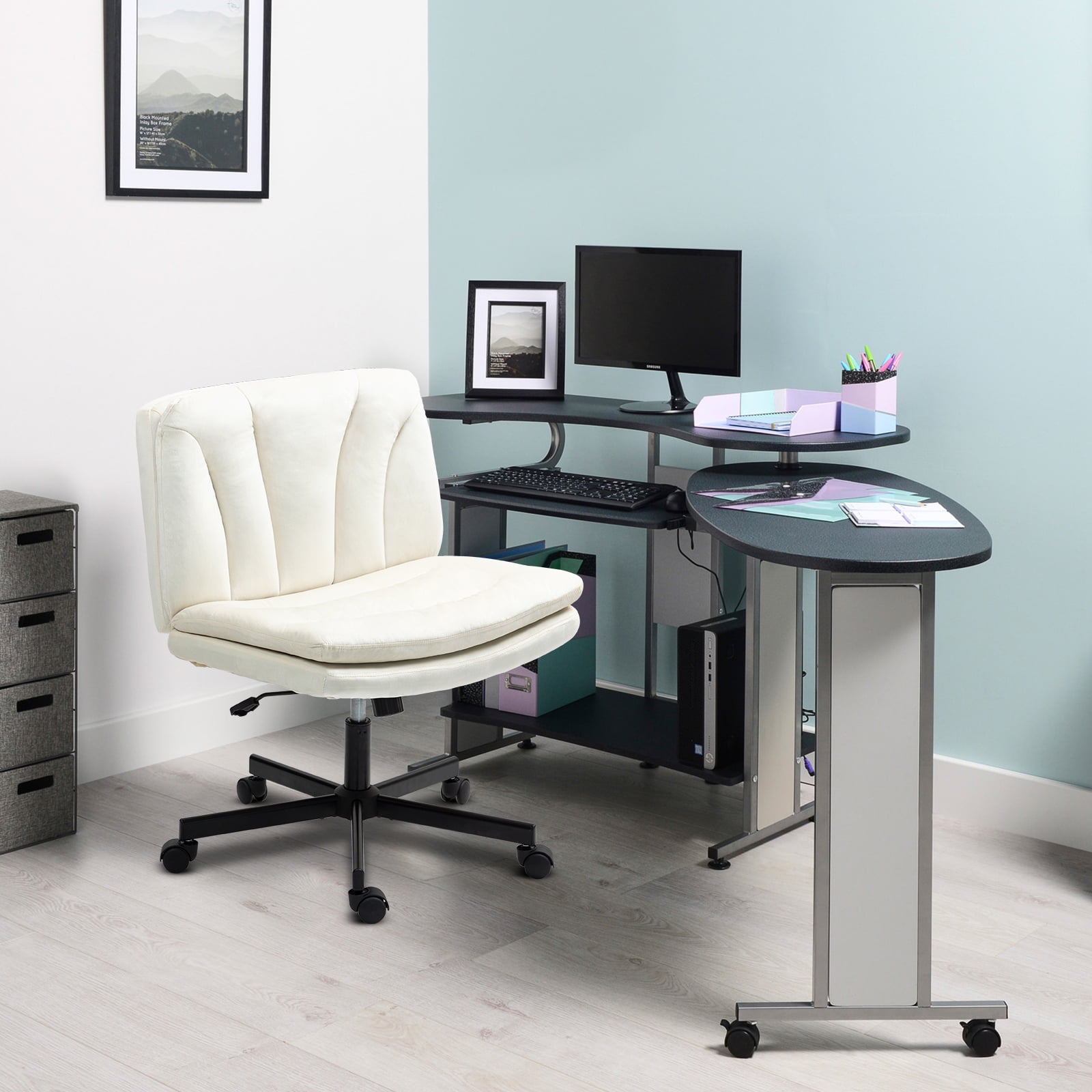 Criss Cross Legged Chair Ergonomic Home Office Desk Chair with Casters, Armless Wide Comfy Computer Task Seat Swivel Rolling Vanity Chair with Height Adjustable and Rocking Function, Beige