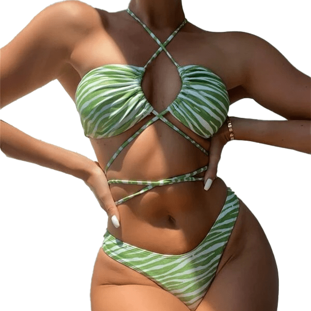 Conjunto de bikini de 2 piezas con tirantes cruzados en la parte delantera y corte alto para mujer