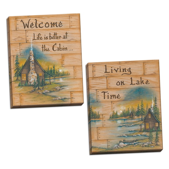 Gango Home Decor Lodge Life is Better at the Cabin & Living on Lake Time by Mary Ann June (Ready to Hang); Two 12x18in Hand-Stretched Canvases