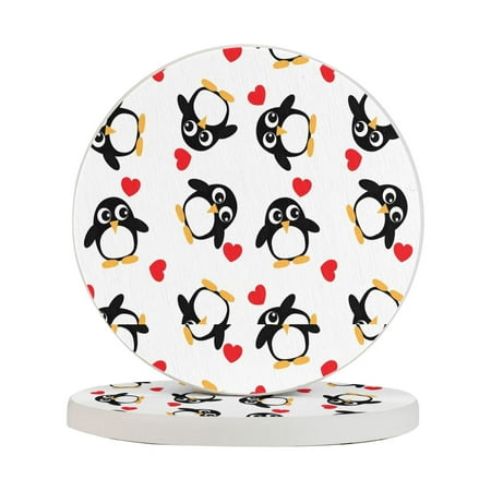 

Circular Drink Coasters Set Penguin Romance Heart Shape Print Beautiful Home Decor Diatomite Heat-Resistant Diatomite Protect Table Countertop