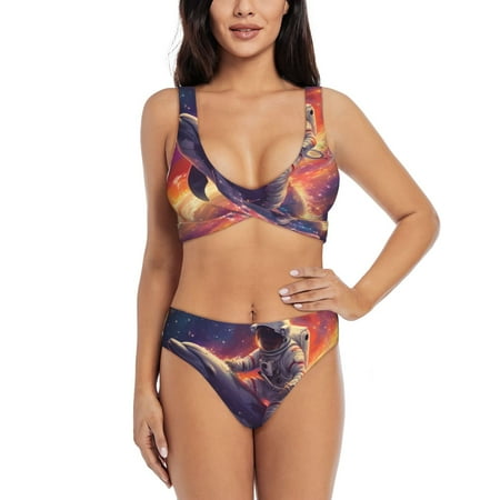Zeuib Astronaut Dolphin High Waisted Tummy Control Bikini Set - Knot Front Push Up Top & Cheeky Thong Bottom  Two-Piece Swimsuit for Women-Large