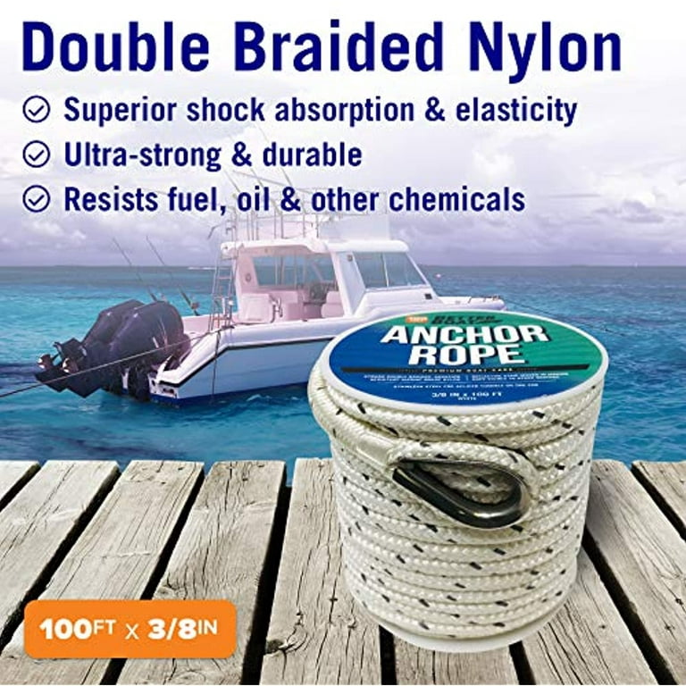Anchor Rope 100 Ft, Double Braid Nylon Anchor Line with 316 Stainless Steel  Thimble, Boat Anchor Rope 3/8 Inch 100 Ft with Shackle - Blue : :  Sports & Outdoors
