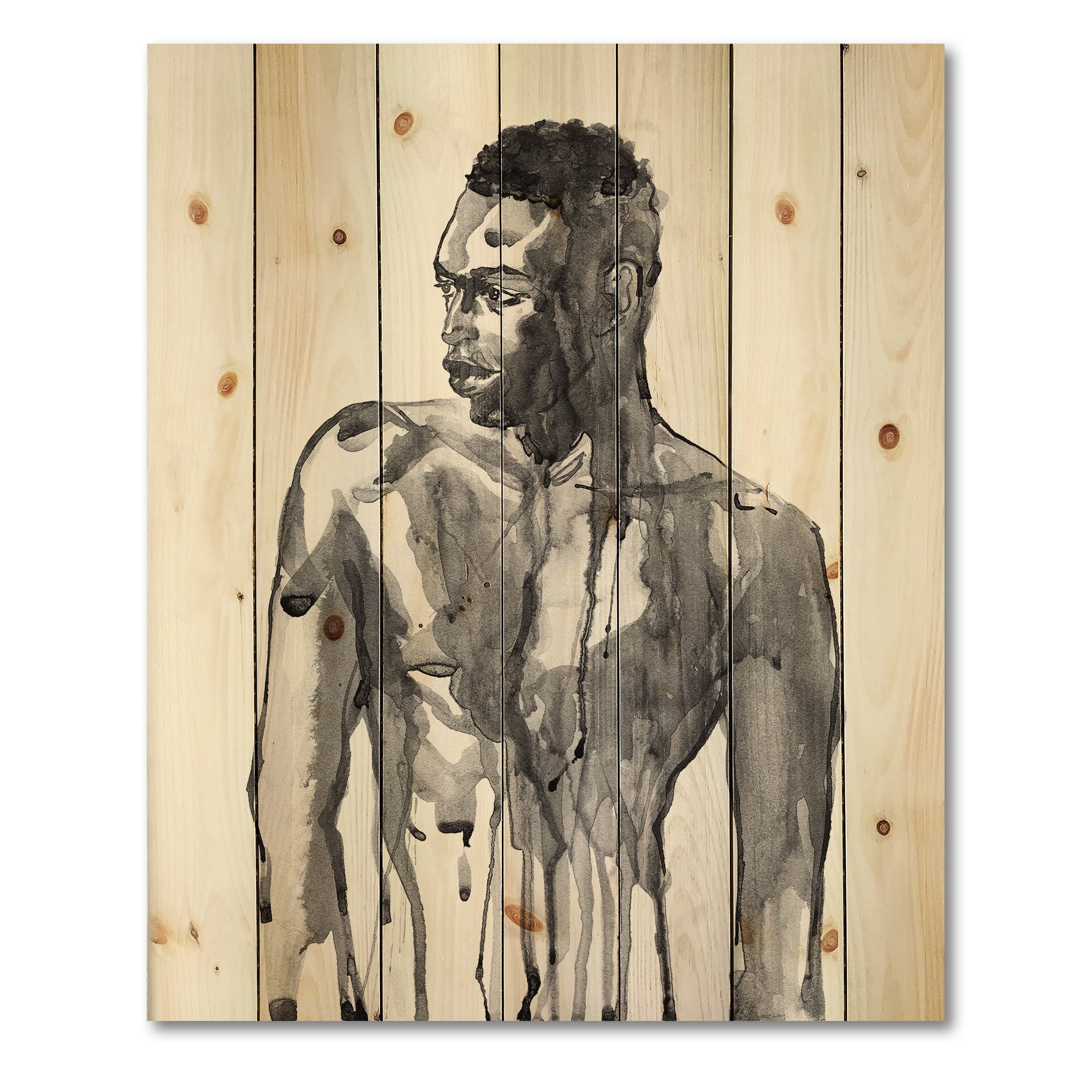 Designart 'Portrait of Handsome African Man On White I' Modern Print on Natural Pine Wood