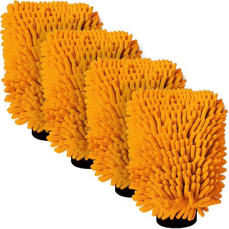 4 Pack Microfiber Wash Mitt Premium Chenille Mitts Lint and Scratch Free Sponge Glove Ultimate Waterproof Washing Mitten Detail Cleaning Tool for Car Care Home Kitchen House (Orange)