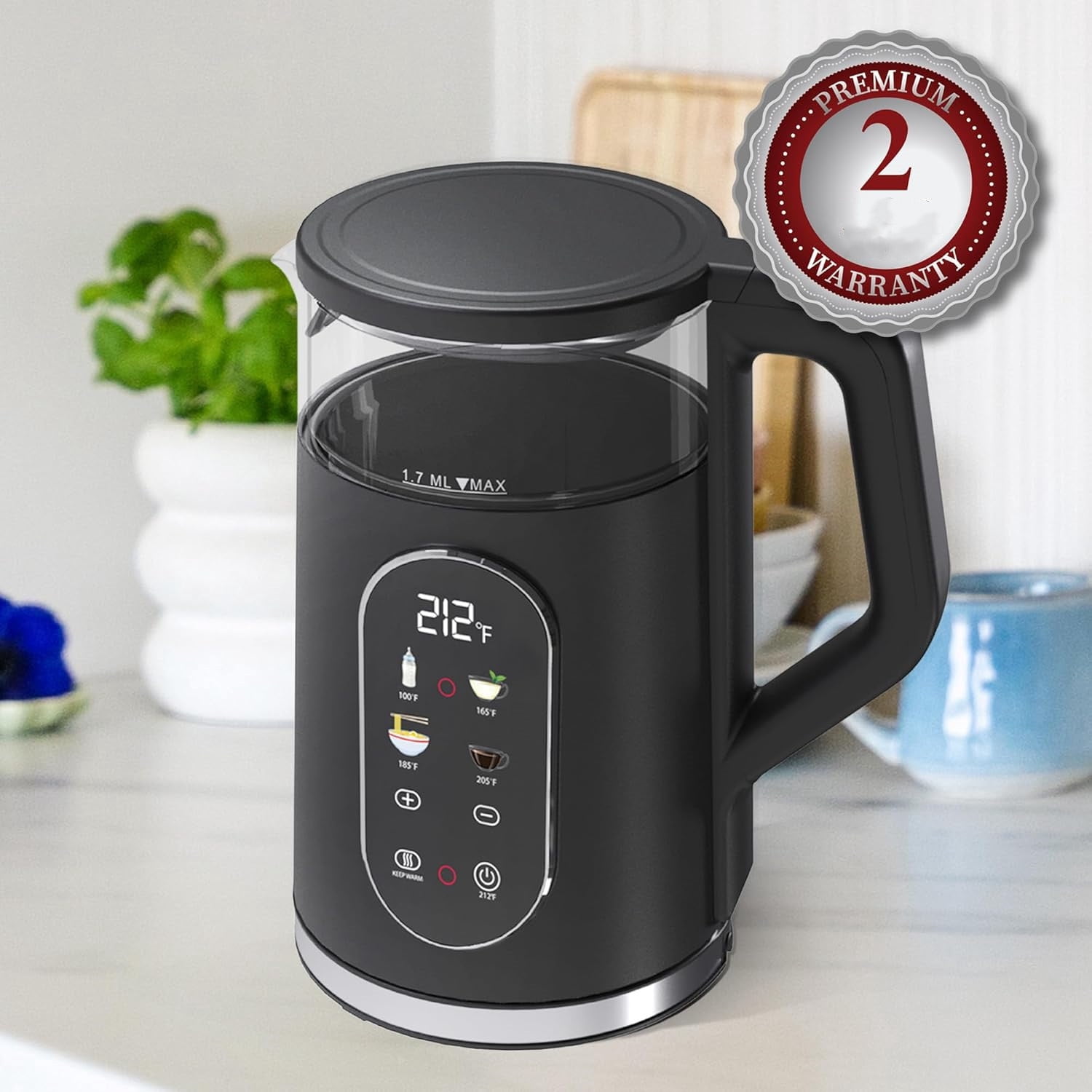 Electric Kettle 1500W Fast Boiling Water Heater with 1.7L Double Wall Insulated Borosilicate Glass Interior, Digital Touchscreen, Keep Warm, Auto-Shut Off and Boil-Dry Protection
