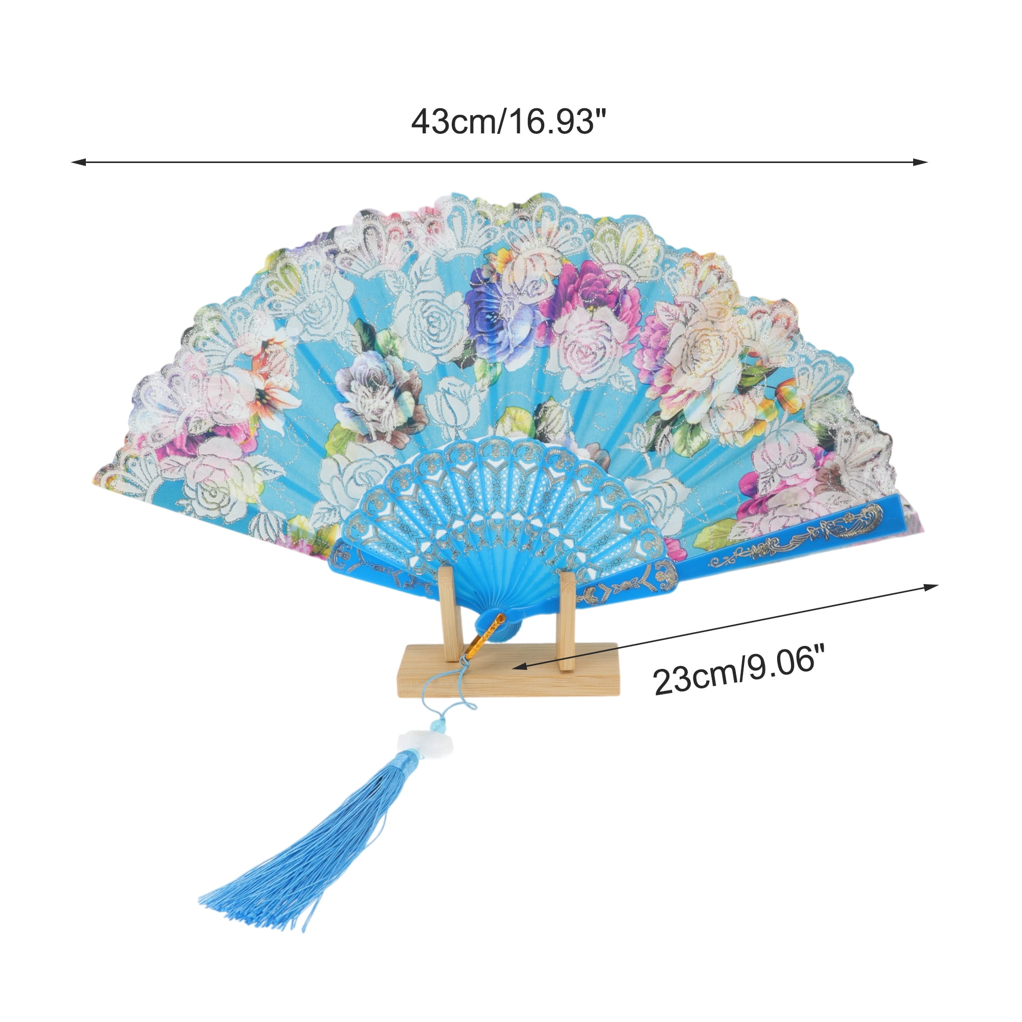 Unique Bargains Rose Print With Tassel Folding Fan 1 Pc For Summer Decorations Sky Blue