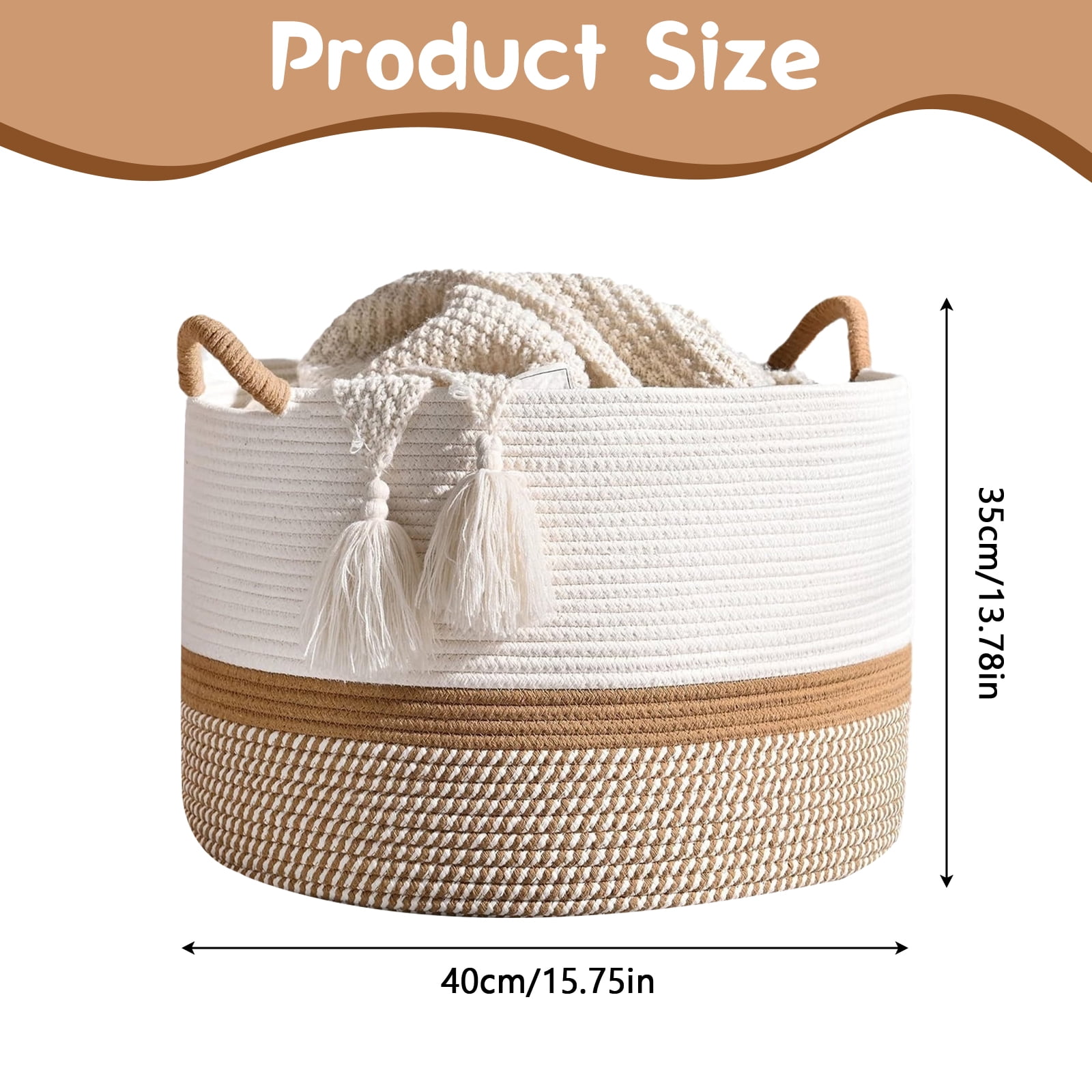 Large Cotton Rope Baskets for Storage, Blanket Woven Basket Laundry Hamper with Handles, Clothes Basket Toy Storage Organizer for Living Room, Nursery, Bedroom(White/Brown)
