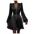 thumbnail image 2 of Women Plain Puff Sleeve Ruffled Button Long Sleeve Dress, 2 of 6