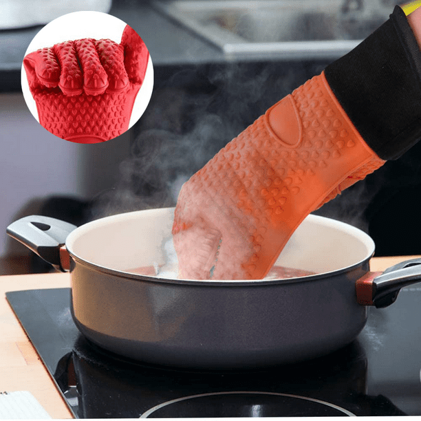 Freedo Oven Gloves, Heat Resistant Cooking Gloves Silicone Grilling Gloves  Long Waterproof BBQ Kitchen Oven Mitts with Inner Cotton Layer for  Barbecue, Cooking, Baking RED 