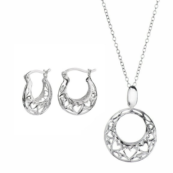 Sterling Silver Heart Filigree Hoop Earrings and Pendant Necklace Set