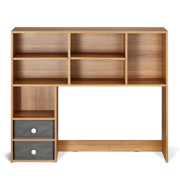 KFFKFF Tabletop Bookcase, Tri-Level Wooden Desk Organizer, Dimensions 37" x 10" x 31.1", Office Storage Stand Wooden Showcase, Tabletop Bookcase Hutch with Pair of Cloth Bins