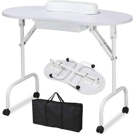 37" Portable Nail Desk, White Foldable Manicure Table Workstation with Locking Wheels, Client Arm Cushion, and Carry Bag, Easy to Assemble for Home Salon