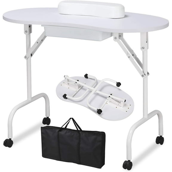 37" Portable Nail Desk, White Foldable Manicure Table Workstation with Locking Wheels, Client Arm Cushion, and Carry Bag, Easy to Assemble for Home Salon