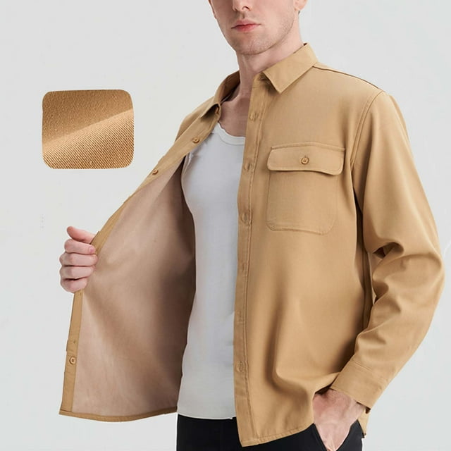 Lekwk Fleece Lined Shirt Jacket For Men Button Turndown Shacket Plus Size Casual Jackets With Pockets Fall Winter Stylish Solid Color Shackets