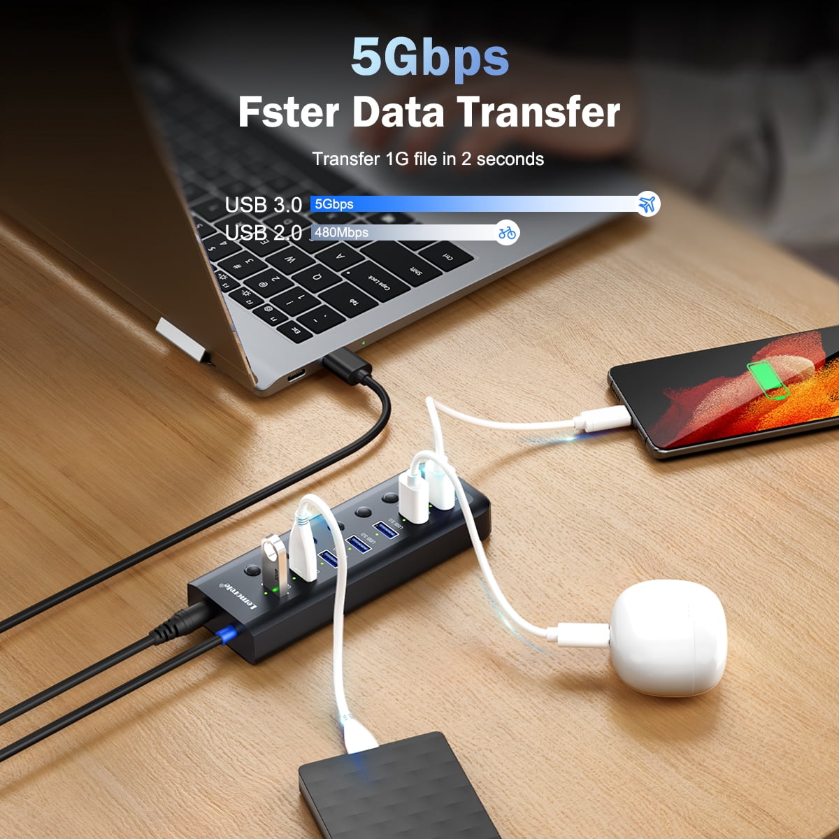 Lemorele 7 Port USB 3.0 Hub Extender with Two Charging Ports for Desktop and Laptop ,with Independent Switch
