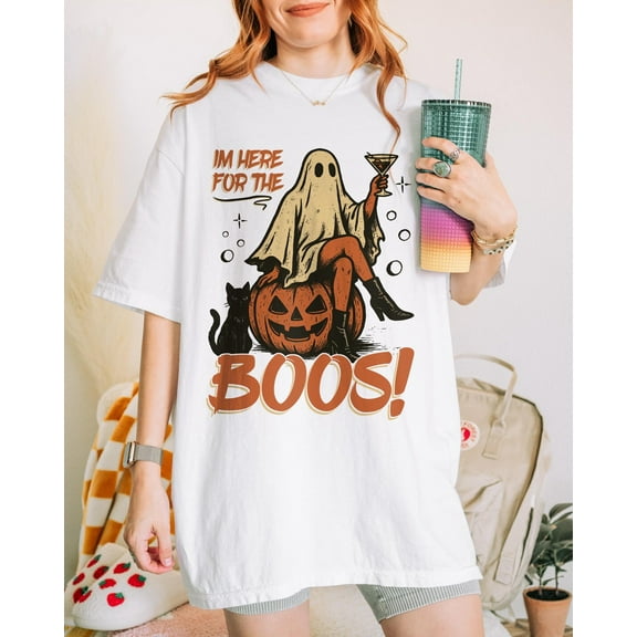 I Am Here Boos Shirt, Halloween Shirts Women, Funny Ghost Graphic Tee Tops, Retro Halloween Aesthetic, Halloween Party Shirt, Skeleton Shirt