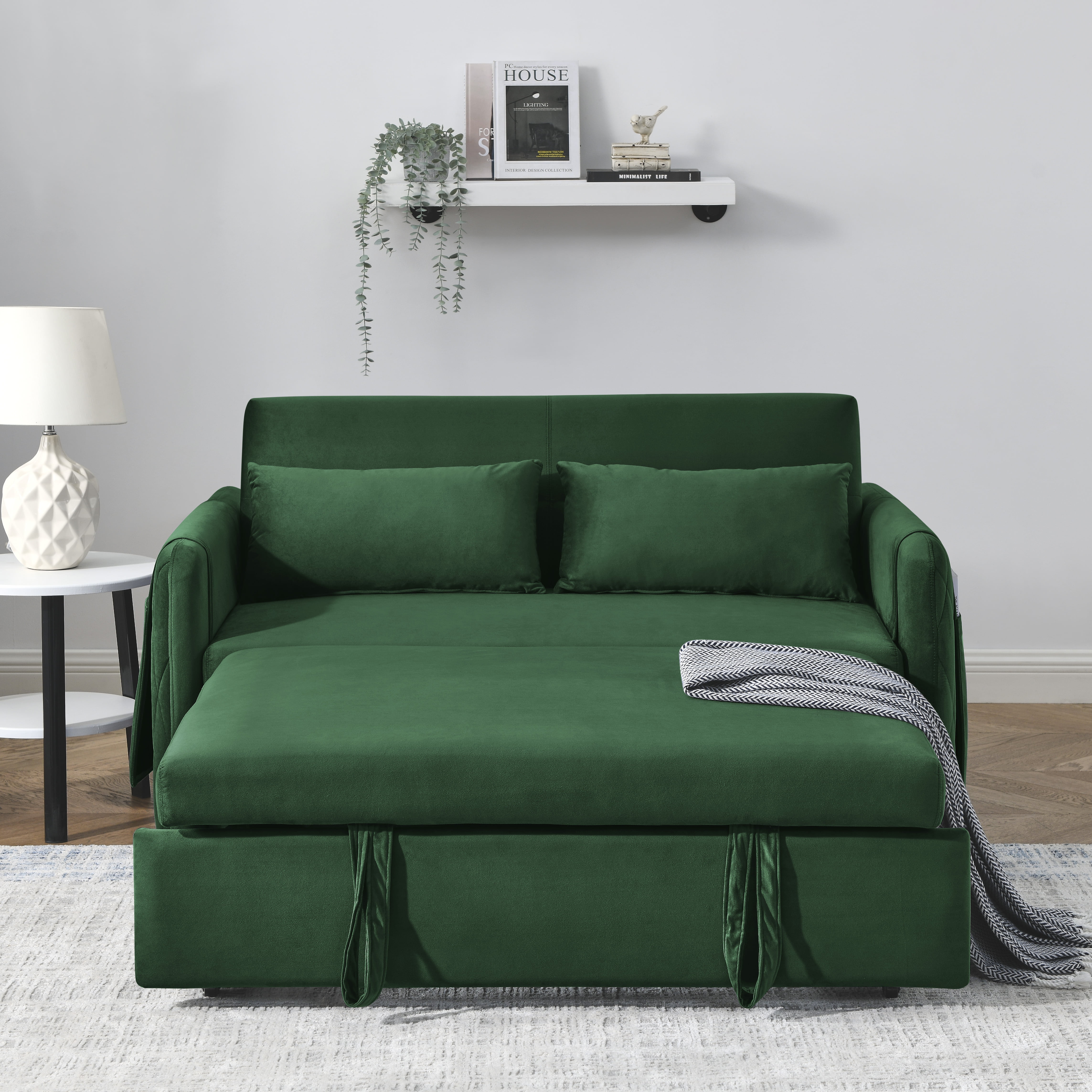 DEALTOPS 55" Modern Velvet Pull Out Sofa Bed Loveseat Lounge Chaise,Sleeper Sofa Bed with Adjustable Backrest 2 Detachable Arm Pockets - Green