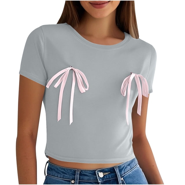 Yuyuzo Hauts de Sortie pour Femmes Nœud Papillon Manches Courtes Crop Top Col Rond T-Shirts Basiques d'Été