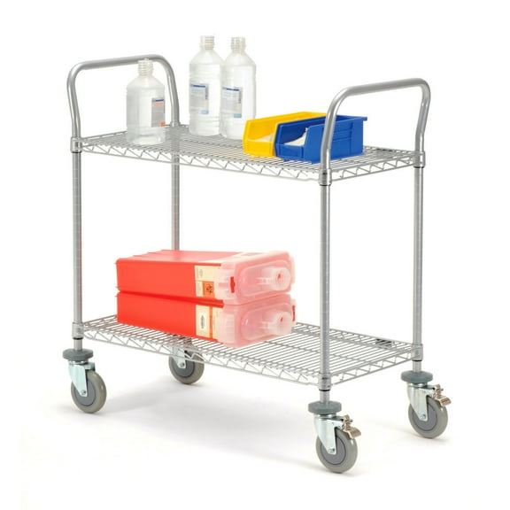 Nexel Utility Cart w/2 Shelves & Poly Brake Casters, 1200 lb. Cap, 60"L x 24"W x 39"H, Silver