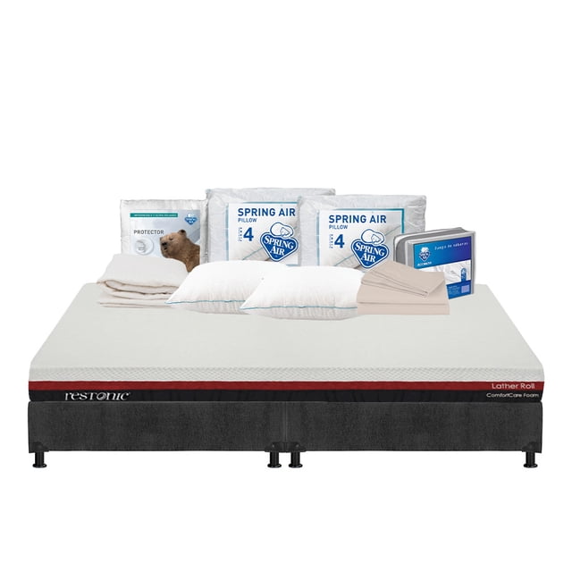 Colchón King Size Roll Restonic + Box + 2 Almohadas + Protector de Colchón + Juego de Sábanas