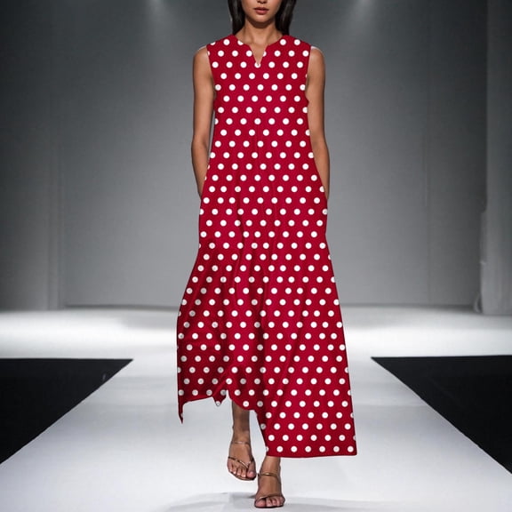 Dresses For Women Trendy Women's Summer Casual Sleeveless Beach Dress Women's Summer Fashion Printing Sleeveless V-Neck Dress Red M