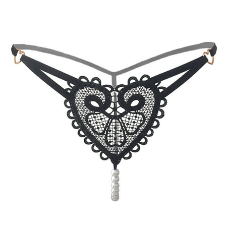 SkyAuks Women s Panties  Thongs for Women  Pearl G-String Panties Heart Print Panties  Low Waist Lace Crochet Hollow Out Briefs  Retro Pearl Love Thong  Black