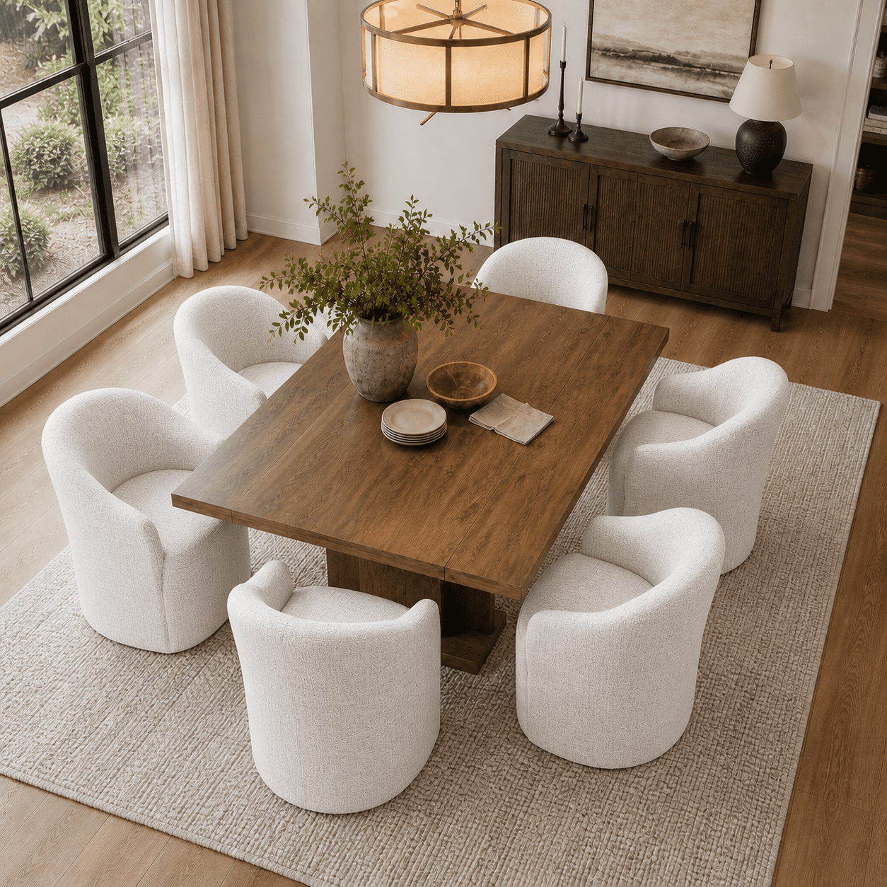 Aenkyo Dining Chair with Casters, Upholstered Barrel Back Rolling Accent Chair, White