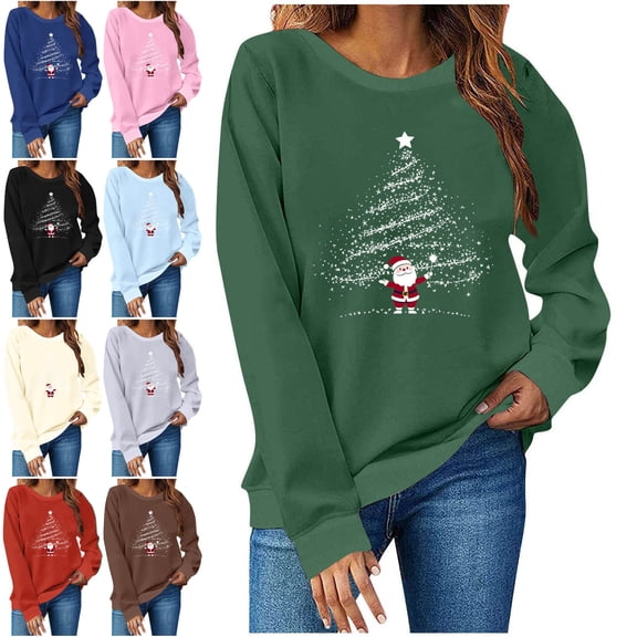 Danhjin Christmas Sweatshirts for Women Print Festive Fashion Crew Neck Pullover Tops Long Sleeve Loose Fall Winter Graphic Casual Comfy Soft Shirts