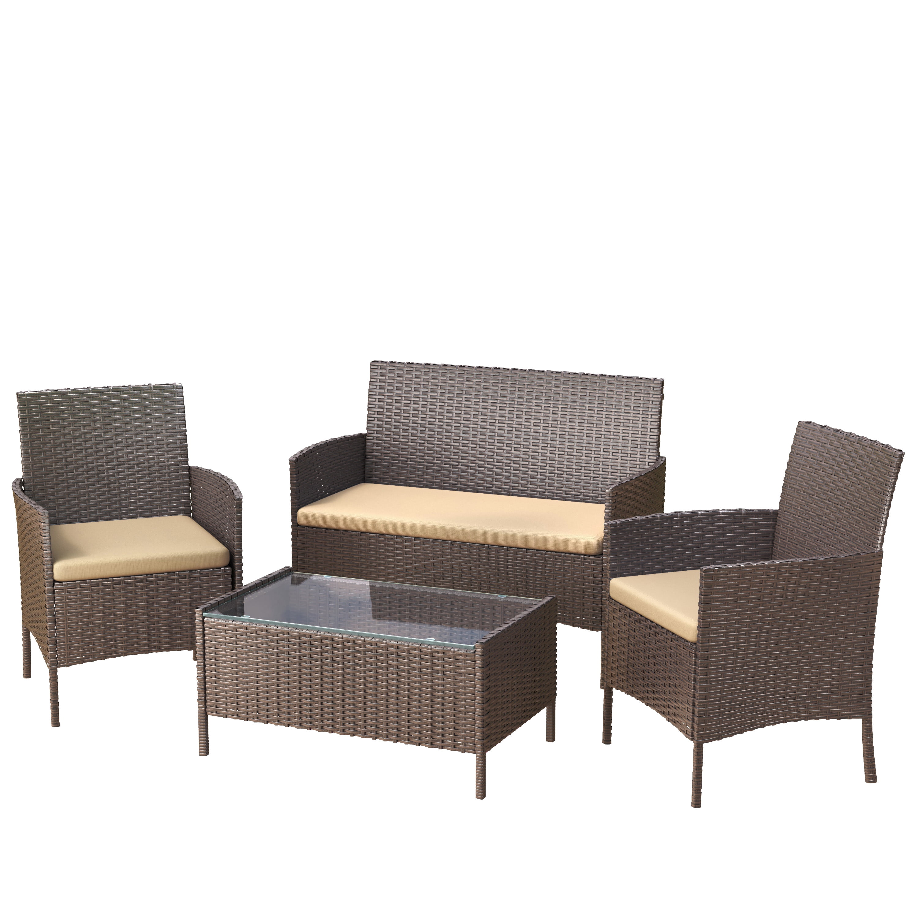 Elposun 4 Steel Sectional Outdoor Conversation Sets with Chair and Loveseat, Brown/Beige