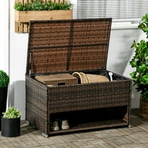 Outsunny Outdoor Deck Box & Shoe Storage, PE Rattan Wicker Towel Rack with Liner for Indoor, Outdoor, Pool, Toys, Garden Tools, Brown