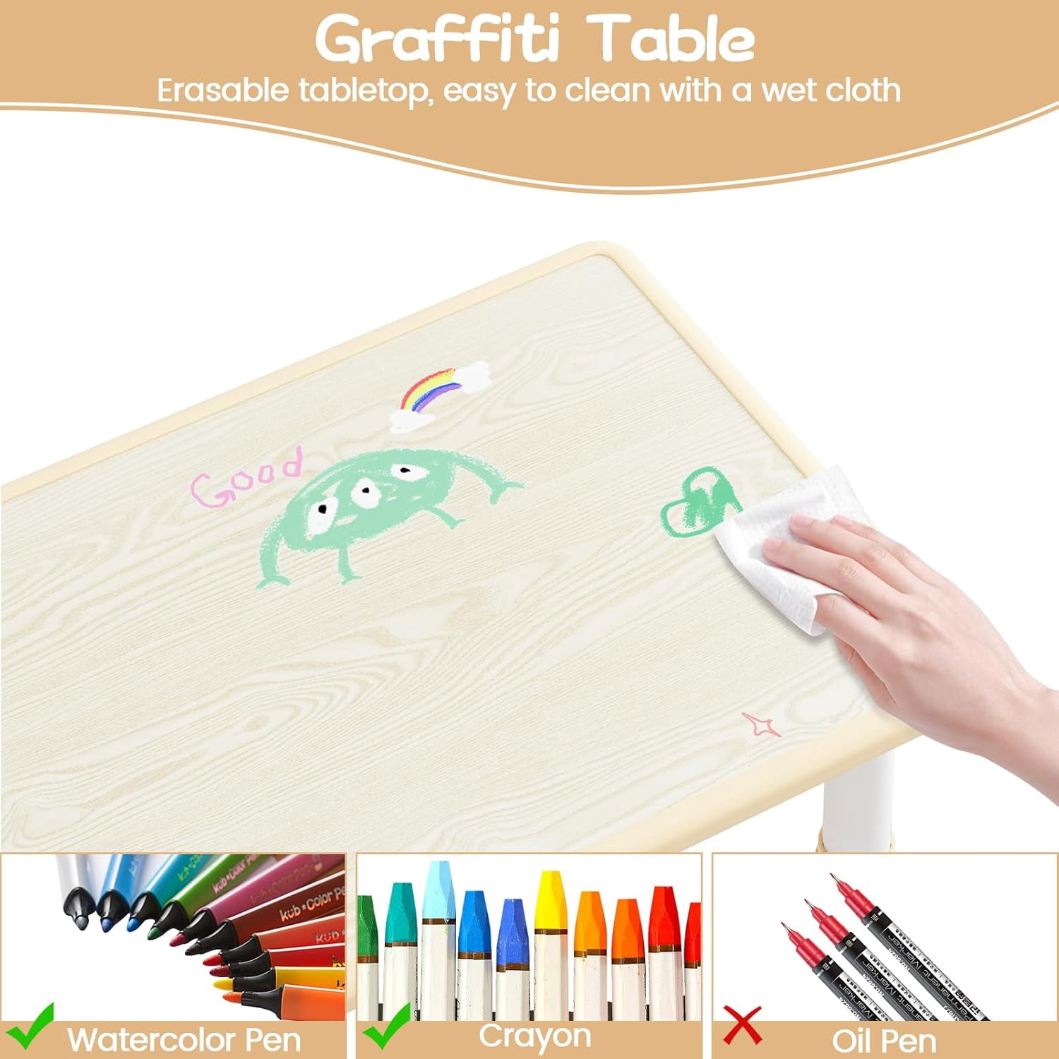 Eastvita Kids Table & 2 Chairs Set H Adj With Graffiti Desktop 4 In 1 Children Activity Table 23.6 By 23.6 By 19 in Durable Safe Materials Rounded Corners For Ages 2 To 10 Playroom Classroo