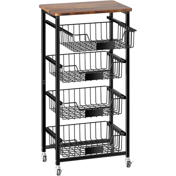 Fruit Basket, 5-Tier Utility Kitchen Organizer and Storage Cart with Pull-Out Baskets and Wood Top, Rolling Pantry Kitchen Cart on Wheels for Fruit Potato Onion Vegetable Snack Produce